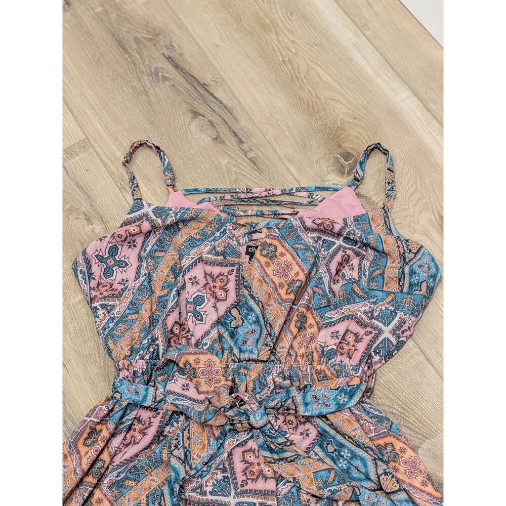 City Chic Tank Sundress Crisscross Belted Pink Patchwork Pattern Lined Plus 0XL - Picture 9 of 15